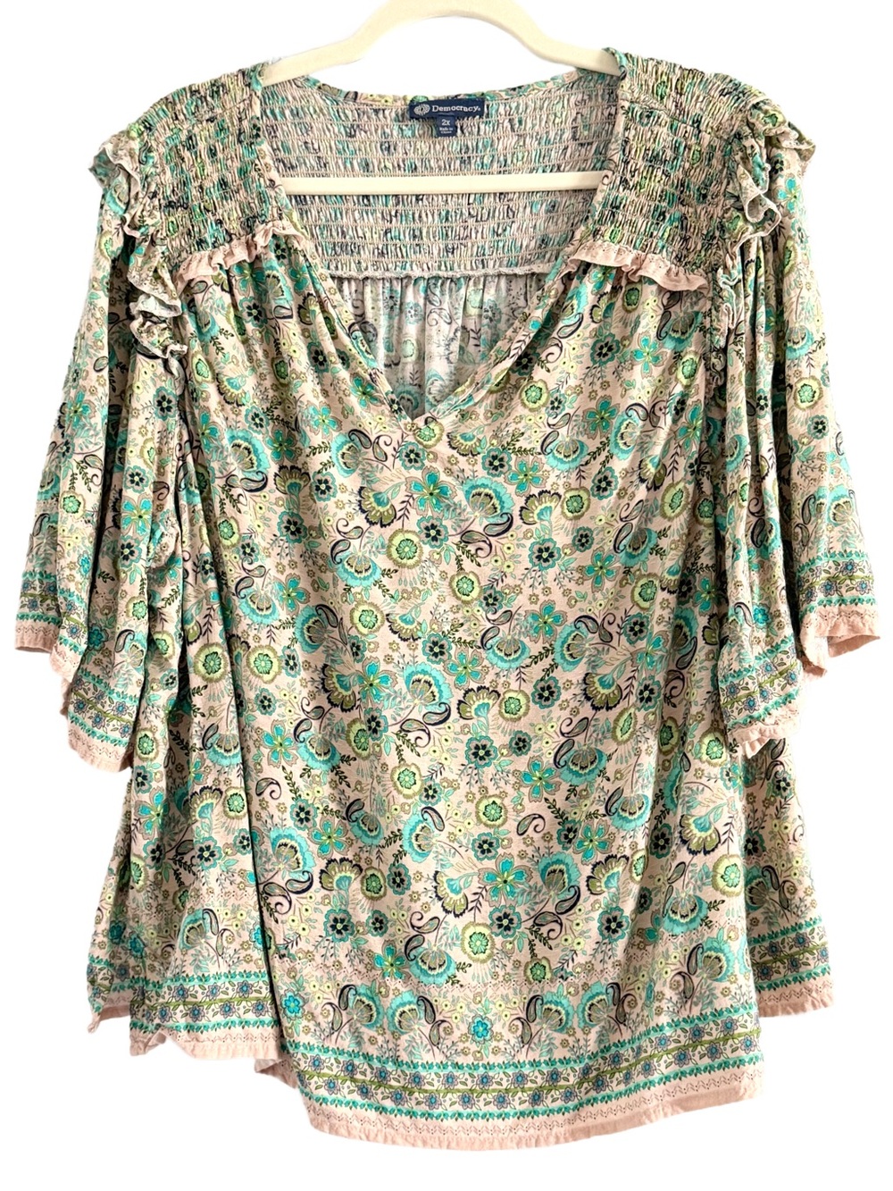 Democracy Paisley Floral V-Neck Tunic in Teal & Cream 2X